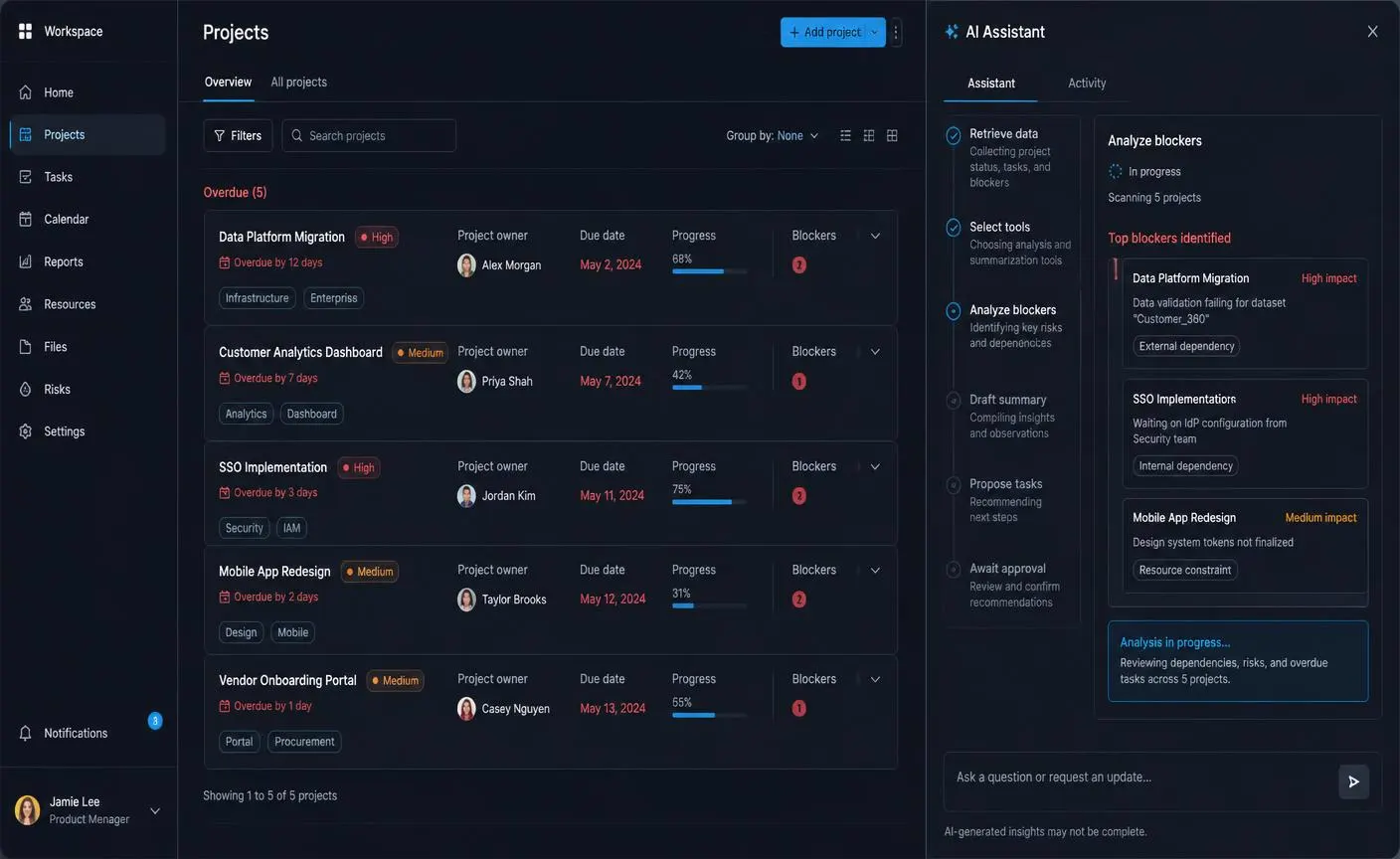 AI assistant using approved MCP tools to analyze SaaS project data and prepare actions for human approval