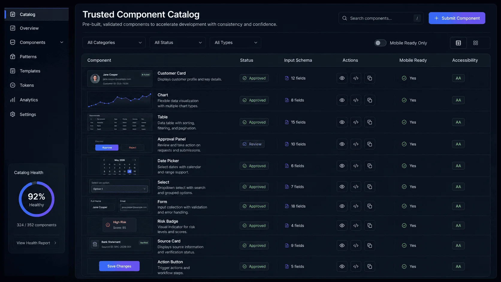 A2UI trusted component catalog containing approved interface components for an AI application