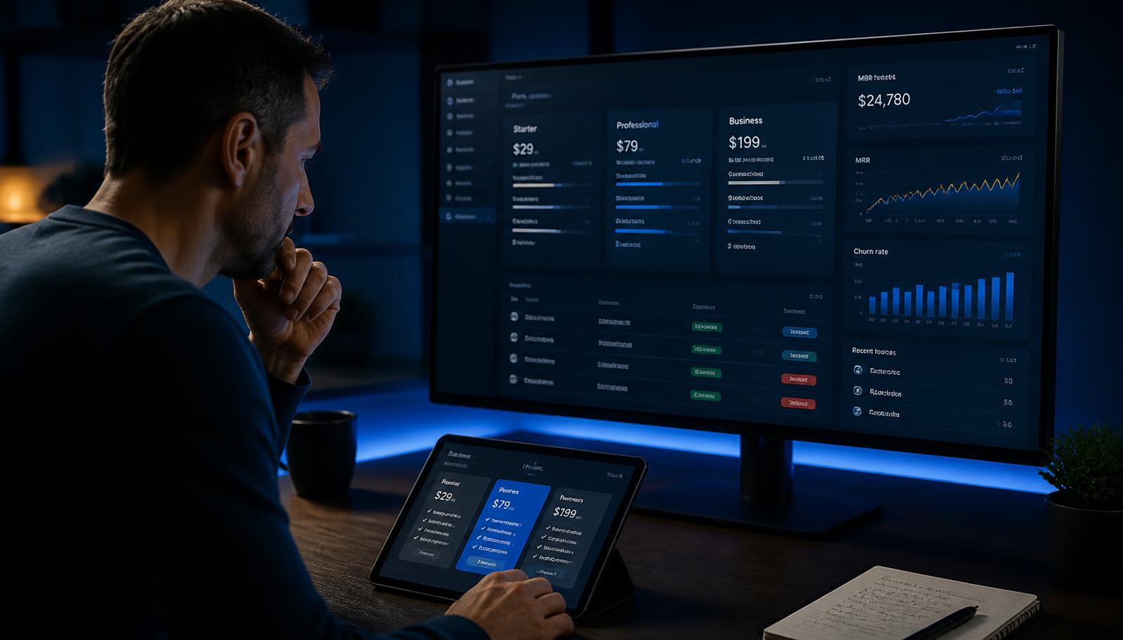 Founder reviewing SaaS subscription tiers, usage credits, invoices and recurring revenue metrics