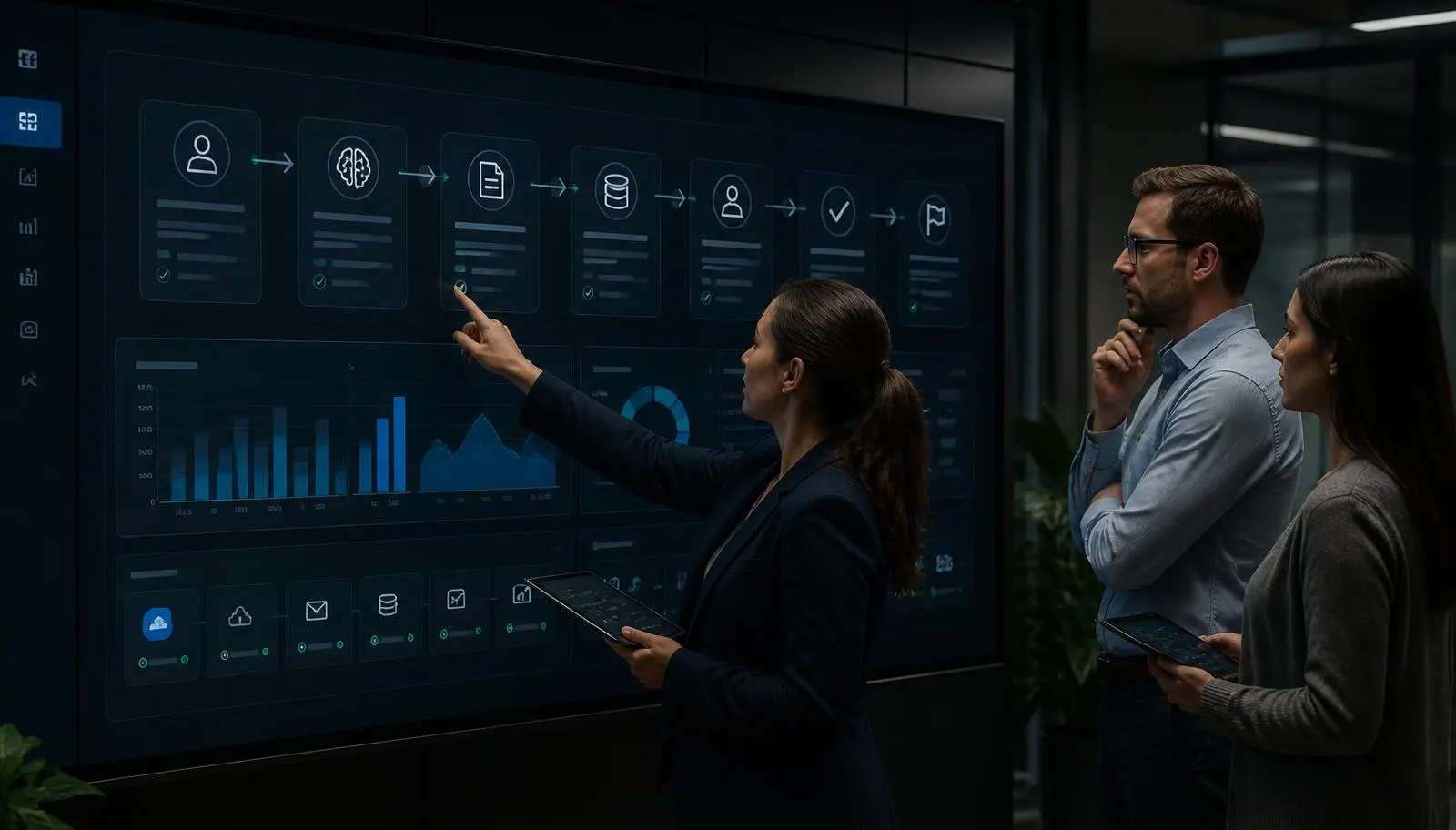 Operations team reviewing an AI workflow that connects customer requests, business systems, approvals, and results